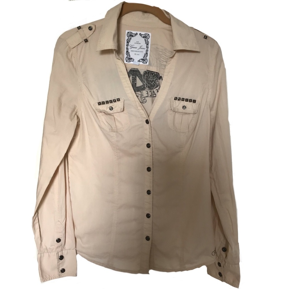 Guess Jeans Shirt snap down tan beige Peace M med